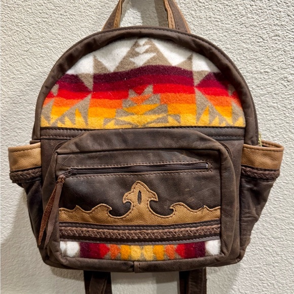 Brown and Red Southwestern Leather Backpack